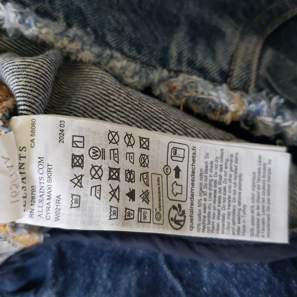 AllSaints NEW Skirt 'Cyra' Maxi Blue Denim Jean Frayed Waist Front & Back Slits - Picture 13 of 14